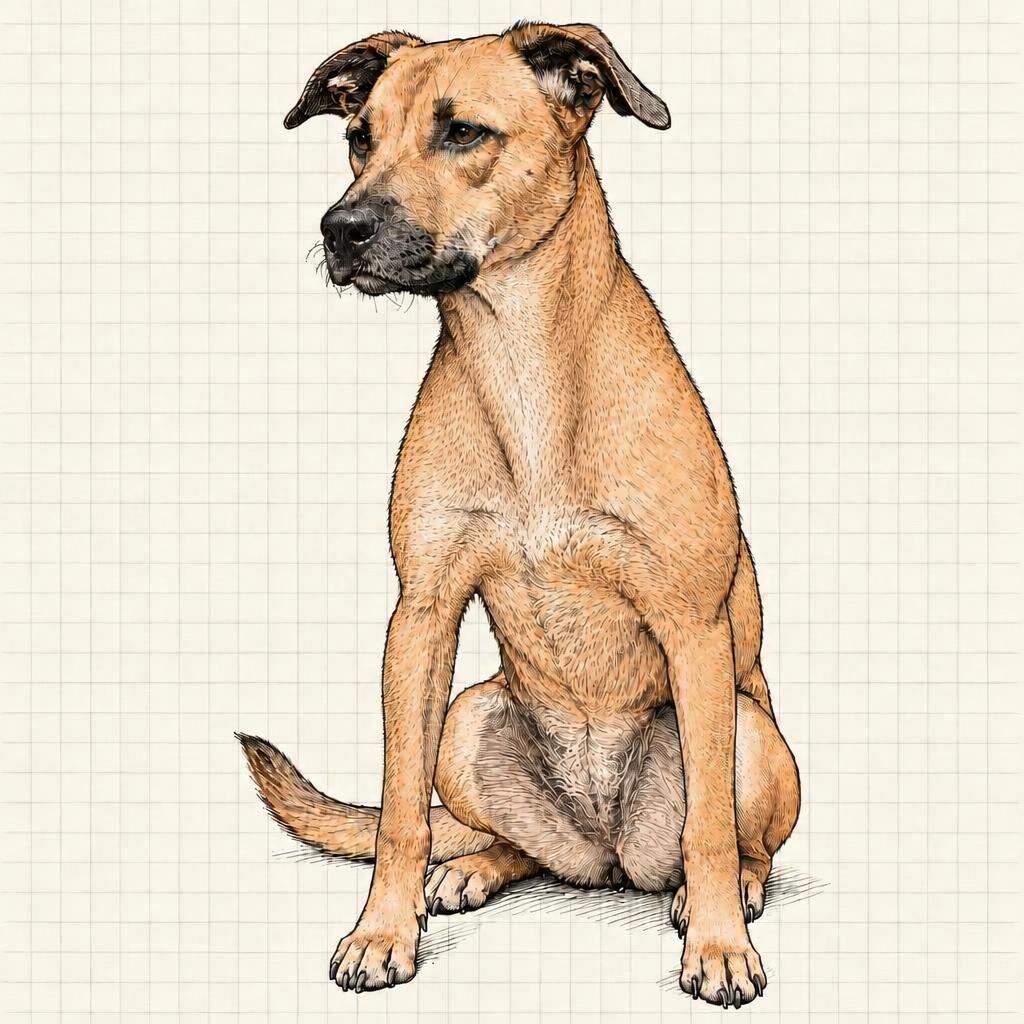 Ink sketch of Kysely, a Black Mouth Cur
