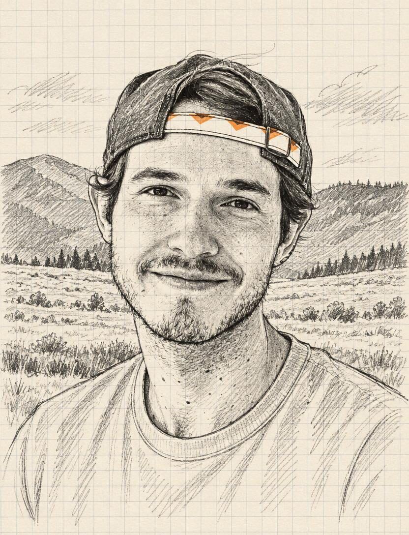 Ink sketch of Marco in a backwards cap in a mountain meadow