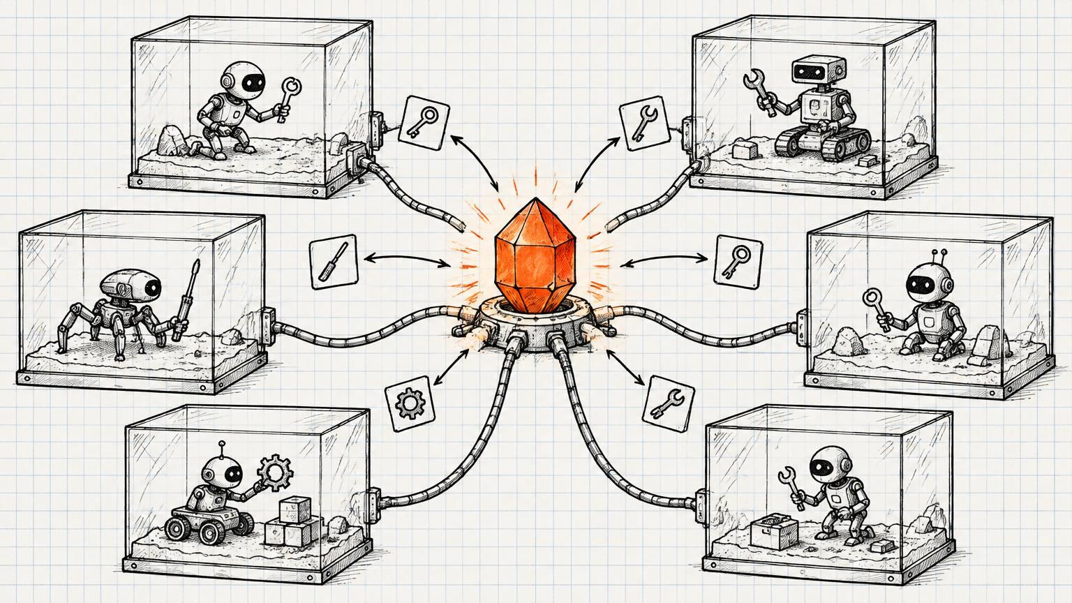 Each agent in its own sandbox. The kernel in the middle hands out the keys.