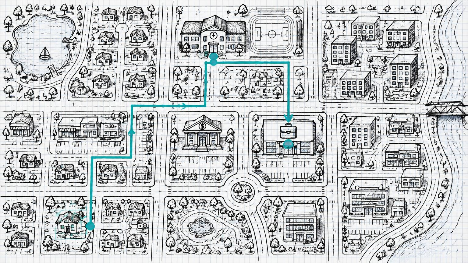 The first city plan: home, school and that first job, all connected.
